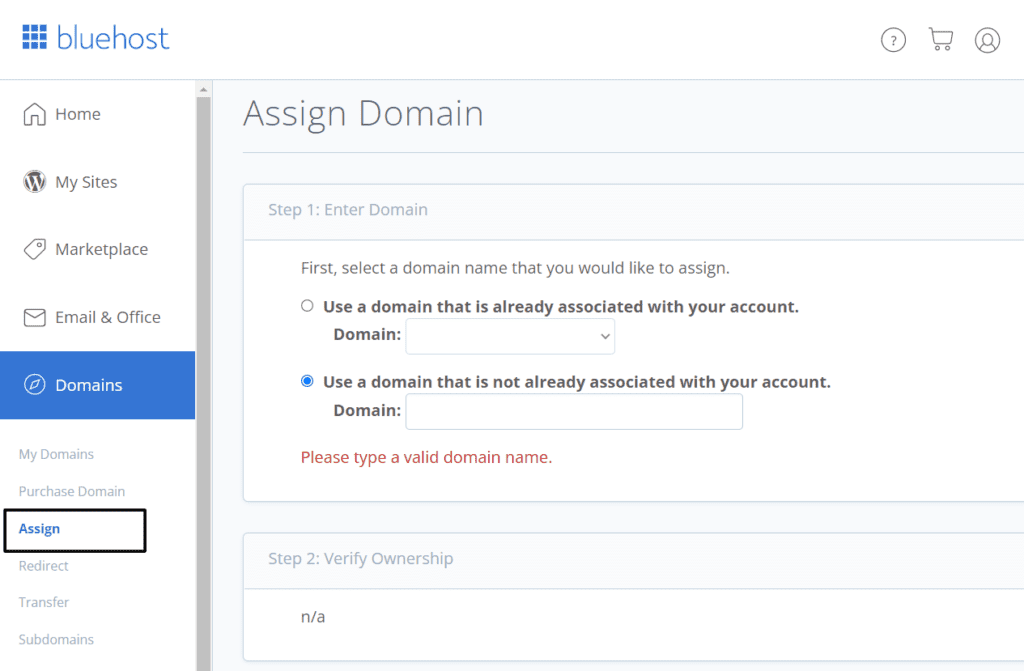Assign domain in Bluehost