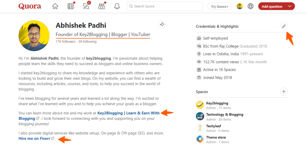 Quora Profile Of Abhishek padhi - Key2Blogging