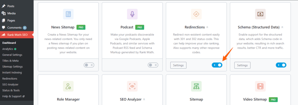 enable redirection module in rankmath