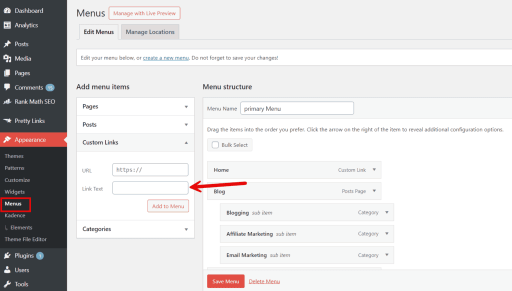 Custom link in WordPress Menu